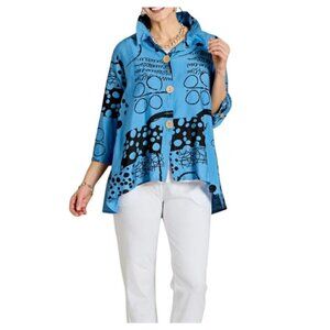 Creation Women's Shirt Jacket 1X Blue Abstract Print Wood Buttons Long Sleeve